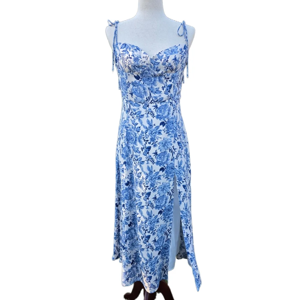 ​Petal & Pup Blue Floral Tie Strap Midi Dress Smocked Back Front Side Slit - Picture 3 of 16